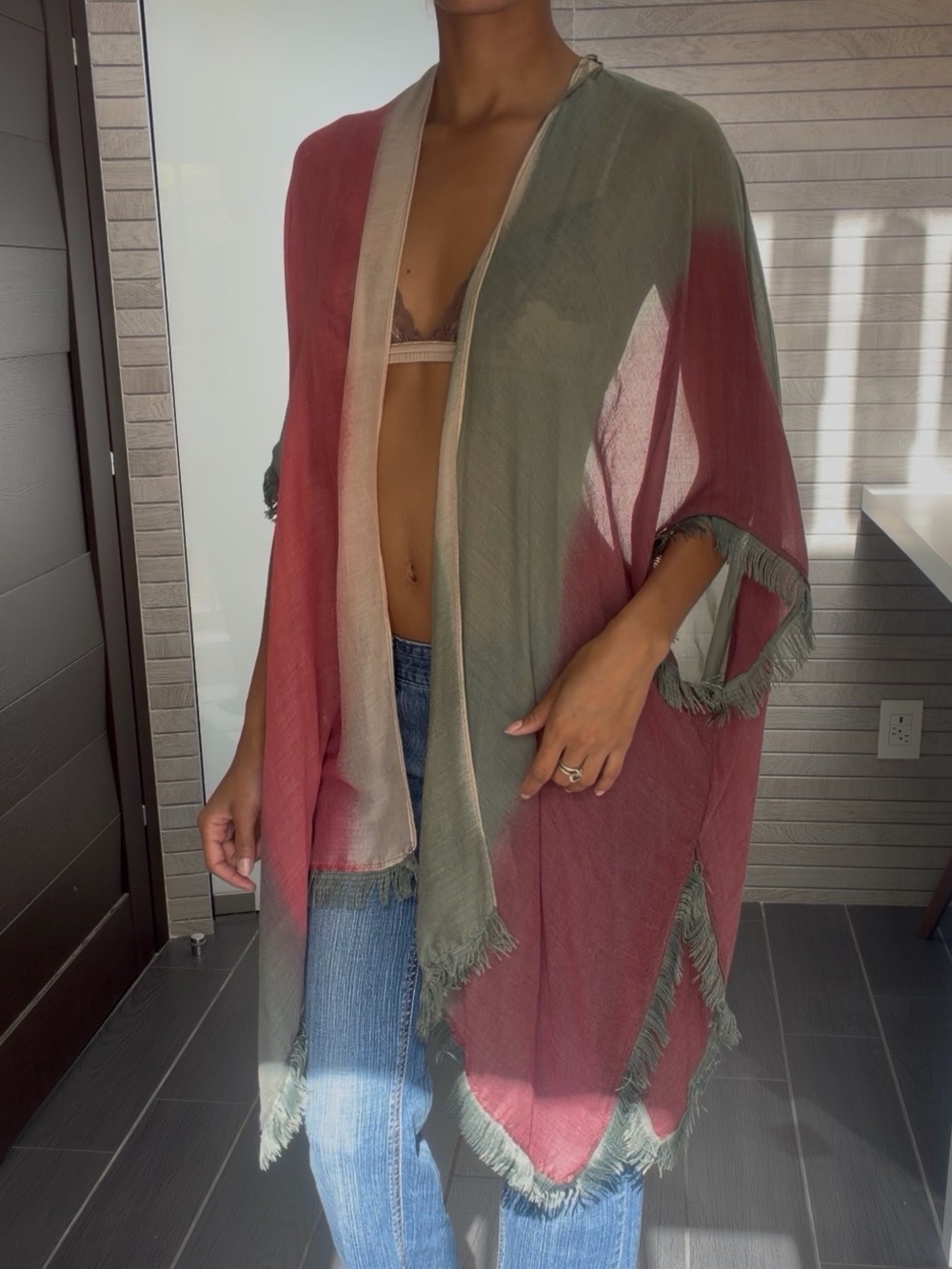 Two-Tone Mauve & Sage Fringe Beach Kimono Cover-Up